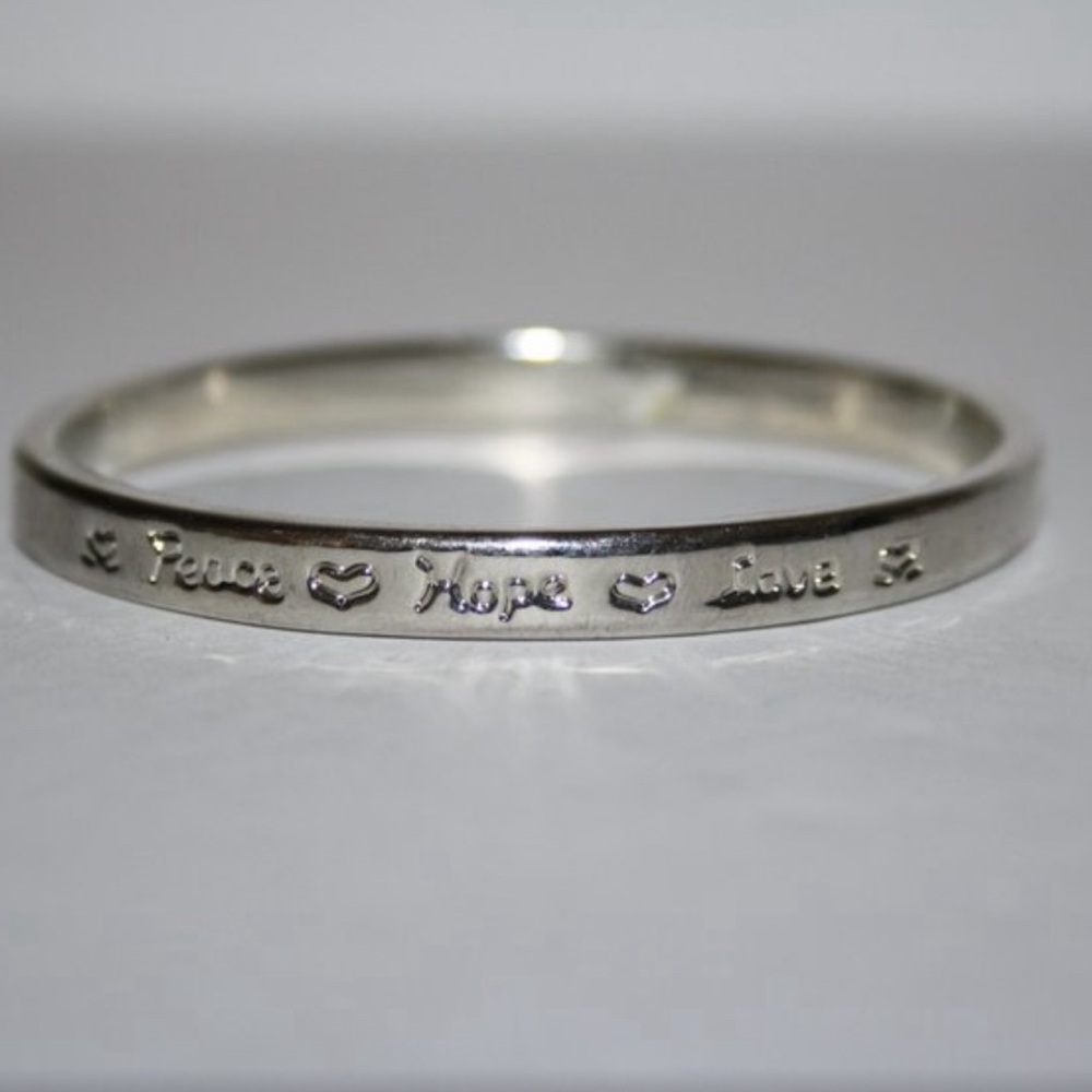 Peace, Hope and Love Beautiful silver bangle bracelet. Peace Hope Love 6"